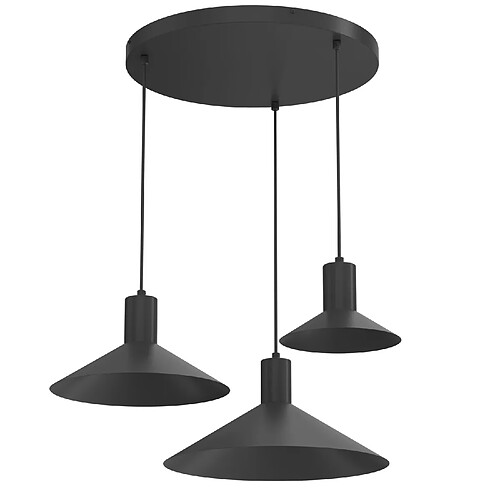 Luminex Suspension minimaliste noire 3 spots GU10 abat-jours coniques aplatis, style industriel