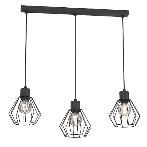 Suspension industrielle noire ? barre, 3 abat-jours grillagés E27, Parkla Luminex