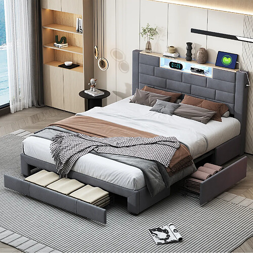 Lit rembourré - Superaly - 140x200cm - avec 3 tiroirs et éclairage LED - port USB - Gris