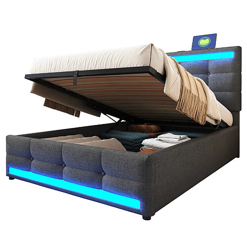STILVORA Lit rembourré 90/200 cm gris en tissu avec LED RGB USB et tête de lit réglable