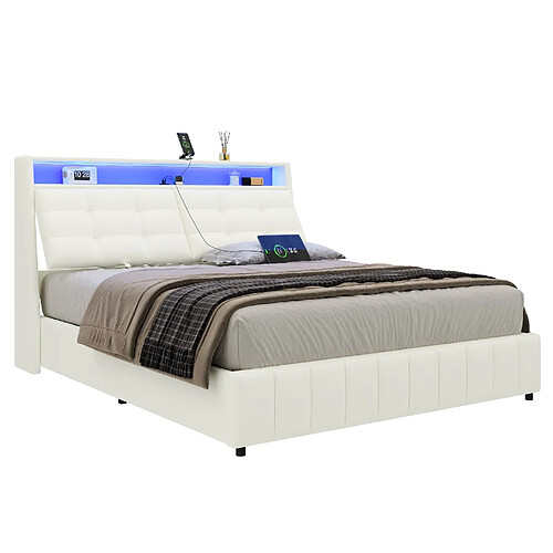 STILVORA Lit plateforme 160/200 cm blanc en PU avec LED USB et tête de lit réglable