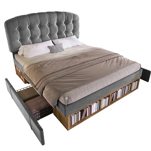 STILVORA Lit double 140/200 cm gris en velours avec tête de lit réglable et rangement
