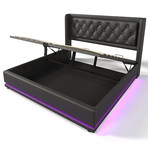 STILVORA Lit double 160/200 cm noir en PU avec LED USB Type-C et rangement