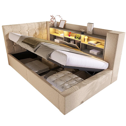 STILVORA Lit rembourré 90/200 cm beige en lin avec LED rangement et matelas