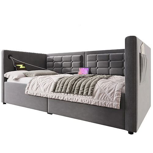 STILVORA Banquette-lit 90/190 cm gris en velours avec rangement hydraulique et USB