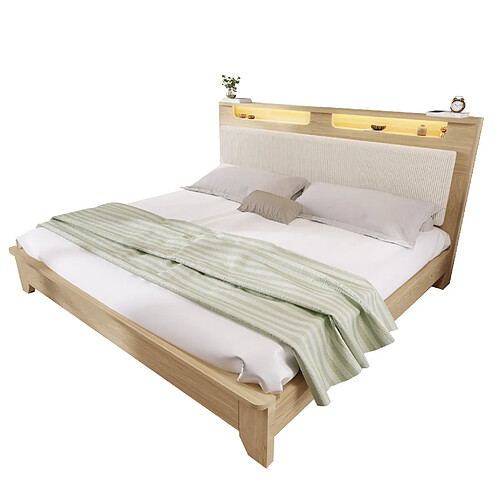 STILVORA Lit double 140/200 cm beige et chêne clair en bois et velours côtelé avec LED et rangement