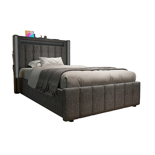 STILVORA Lit simple rembourré 90/200 cm gris en lin avec LED USB Type-C et 2 tiroirs