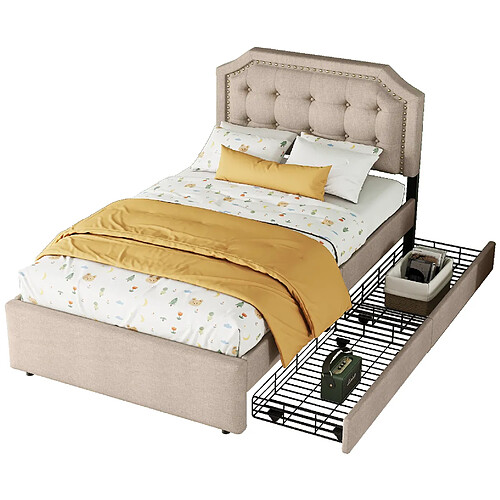 STILVORA Lit simple 90/200 cm beige et brun en MDF avec 2 tiroirs et tête réglable