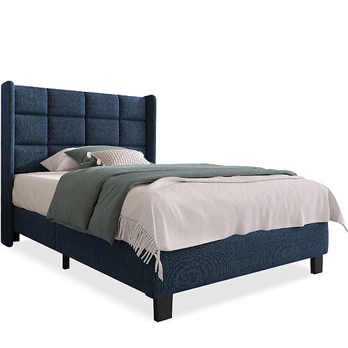 STILVORA Lit simple 90/200 cm bleu en lin avec tête de lit rembourrée et sommier à lattes