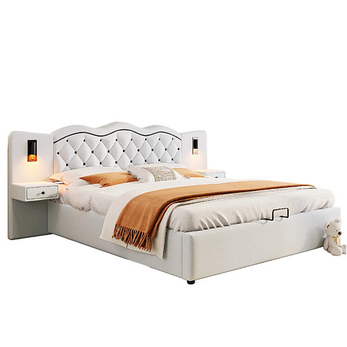 STILVORA Lit rembourré 180/200 cm beige en lin avec rangement hydraulique et USB