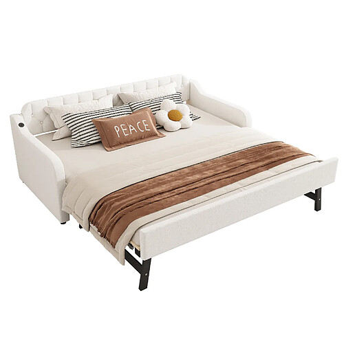 STILVORA Canapé-lit 90/200 cm beige en lin avec lit gigogne et port USB