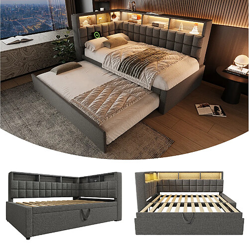 STILVORA Lit de jour 90/200 cm gris en lin avec lit gigogne LED et Bluetooth