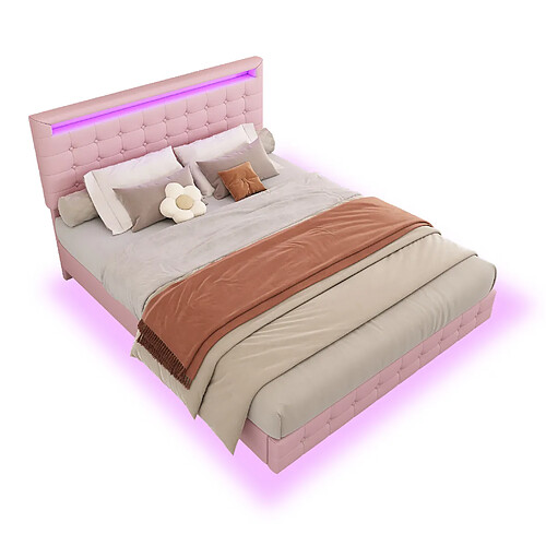STILVORA Lit 140/200 cm rose en PU avec LED et tête de lit réglable