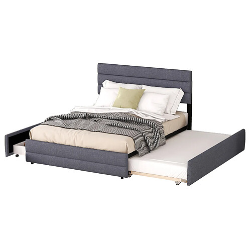 STILVORA Lit plateforme 140/200 cm gris en lin avec lit gigogne et 2 tiroirs