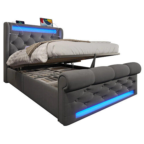 STILVORA Lit simple 90/200 cm gris en velours avec LED rangement et matelas