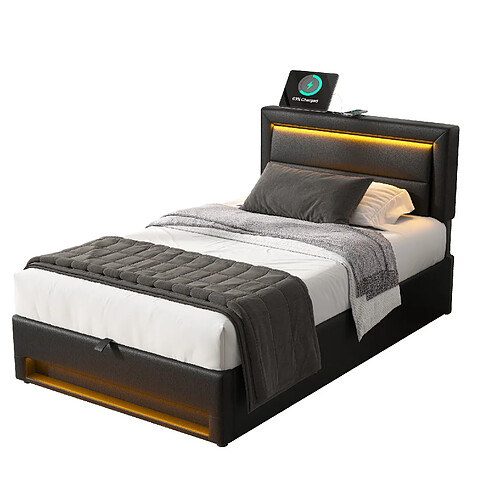 STILVORA Lit rembourré 90/190 cm noir en PU avec LED USB et rangement
