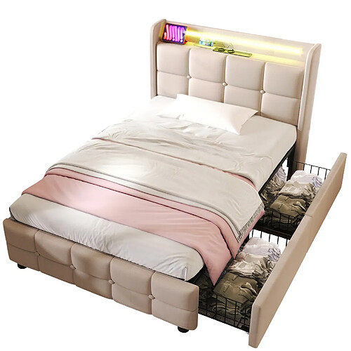 STILVORA Lit simple rembourré 90/200 cm beige en bois avec LED USB et 2 tiroirs