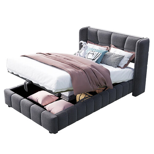 STILVORA Lit enfant 90/200 cm gris en tissu avec rangement relevable