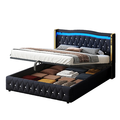 STILVORA Lit double 140/200 cm noir en velours avec LED et rangement hydraulique