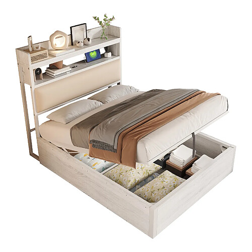 STILVORA Lit simple 90/200 cm blanc en métal bois et tissu avec rangement hydraulique et ports USB