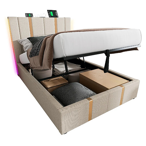 STILVORA Lit simple rembourré 90/200 cm beige en lin avec LED RGB rangement et ports USB Type-C