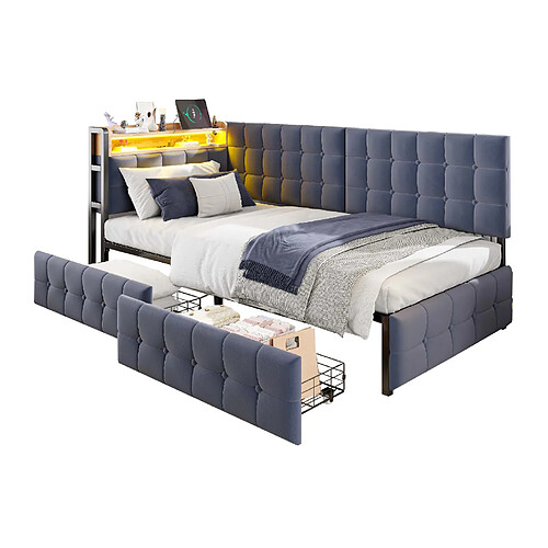 STILVORA Canapé-lit 90/200 cm gris en tissu avec LED USB et 2 tiroirs