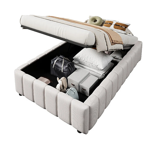 STILVORA Lit rembourré 90/200 cm beige en lin avec rangement hydraulique