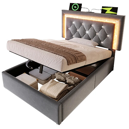 STILVORA Lit simple rembourré 90/200 cm gris en velours avec LED tête de lit réglable et coffre