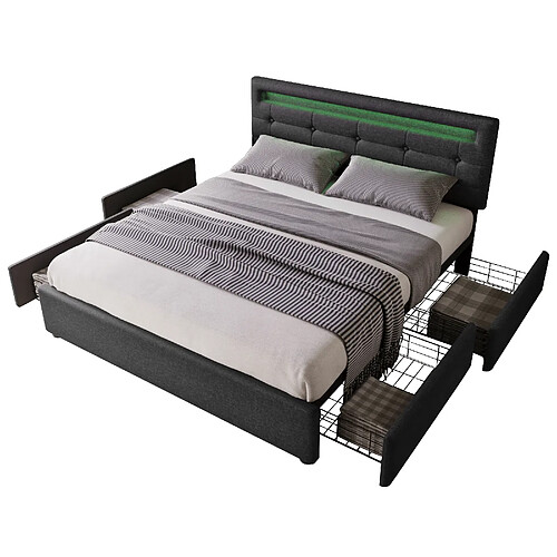 STILVORA Lit double 140/200 cm noir en lin avec LED tête réglable et 4 tiroirs