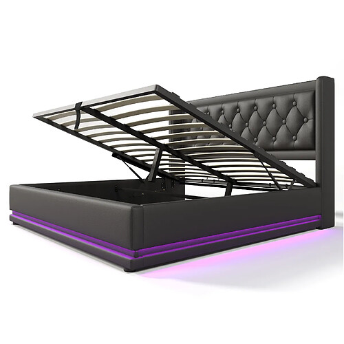 STILVORA Lit double 140/200 cm noir en PU avec rangement hydraulique et USB-C
