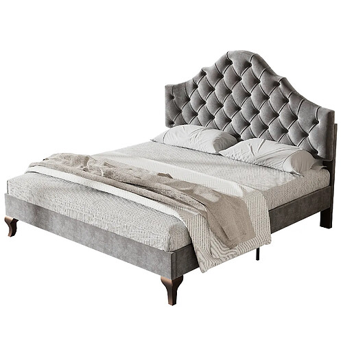 STILVORA Lit capitonne 140/200 cm gris en velours avec tete de lit reglable