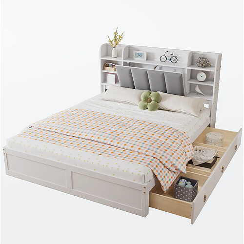 STILVORA Lit double 160/200 cm blanc et gris en pin et MDF avec 3 tiroirs