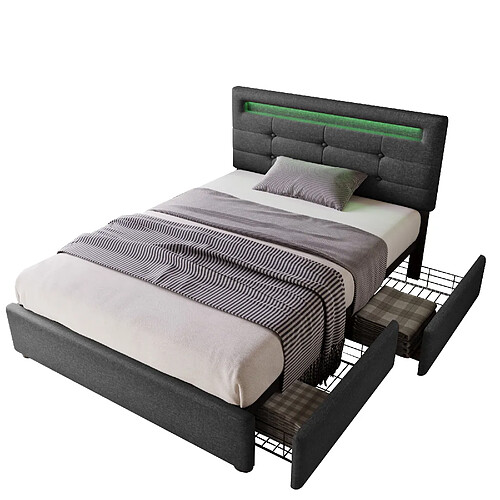 STILVORA Lit simple 90/200 cm gris en lin avec LED tête réglable et 2 tiroirs