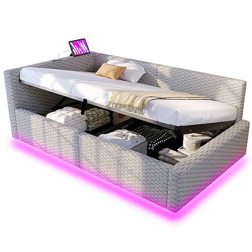 STILVORA Lit rembourré 90/200 cm gris en velours avec LED ports USB et coffre
