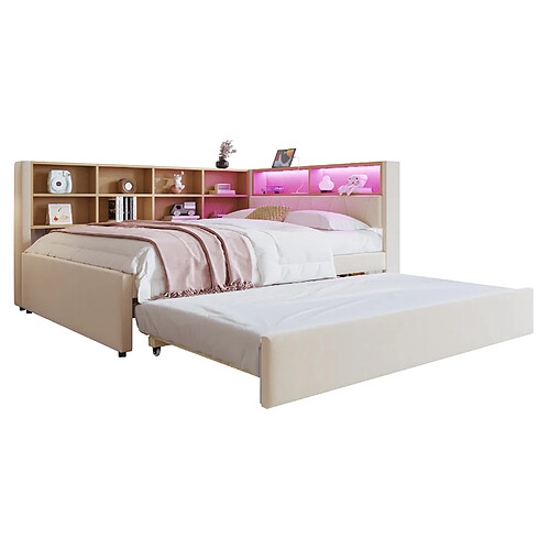 STILVORA Canapé-lit 140/200 cm beige en flanelle avec lit gigogne LED et rangements