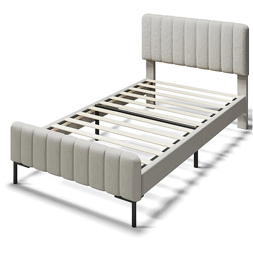 STILVORA Lit simple 90/200 cm gris-beige en lin avec matelas et tête de lit réglable