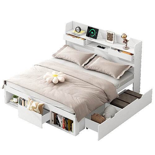 STILVORA Lit 160/200 cm blanc en pin avec USB rangement et tiroirs