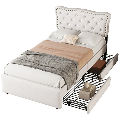 STILVORA Lit 90/200 cm beige clair en MDF avec tête réglable et 2 tiroirs