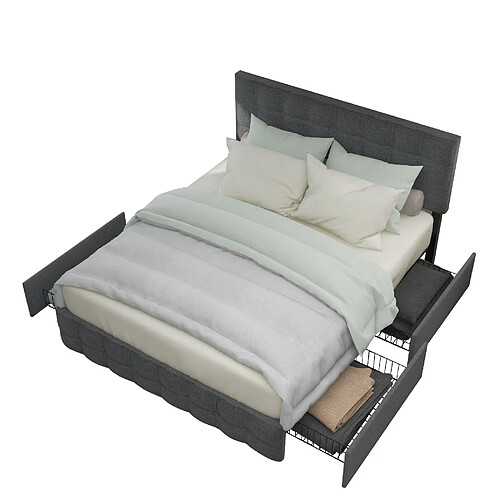 STILVORA Lit double 140/200 cm gris en lin avec 4 tiroirs et tête de lit réglable