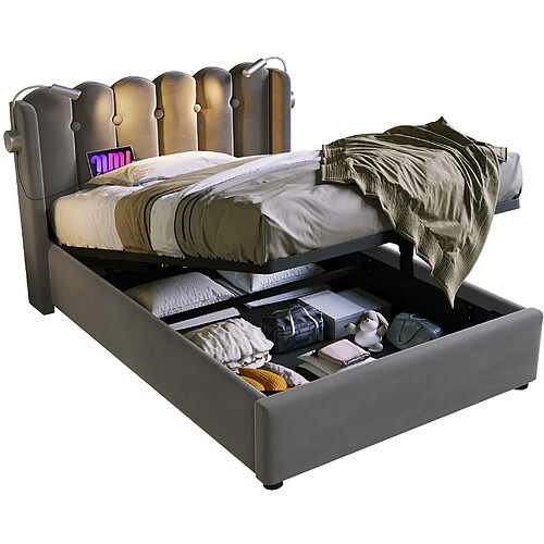 STILVORA Lit simple 90/200 cm gris en velours avec rangement USB et liseuse