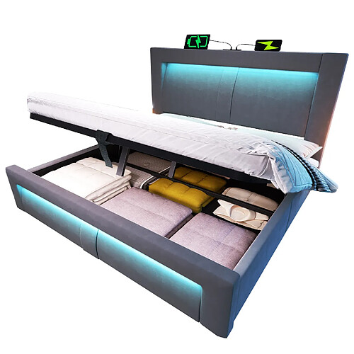 STILVORA Lit double 140/200 cm gris en velours avec LED rangement et matelas