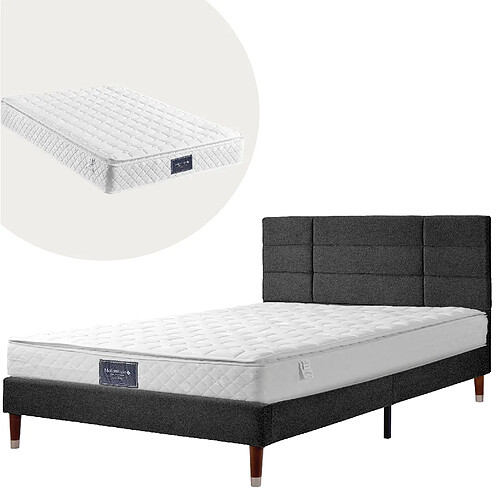 STILVORA Lit double 140/200 cm noir en lin avec matelas à ressorts ensachés