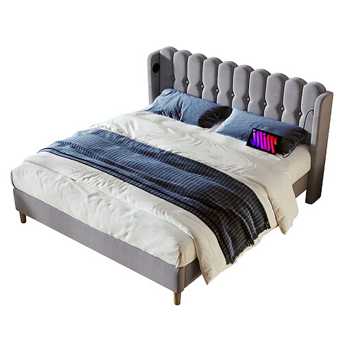 STILVORA Lit rembourré 160/200 cm gris en lin avec USB et Type-C matelas inclus