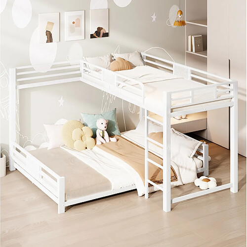 Lit Superposé en L Modenvie 90x200 et 140x200 gain de place métal blanc