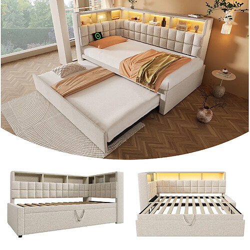 STILVORA Lit banquette 90/200 cm beige en lin avec lit gigogne LED et Bluetooth