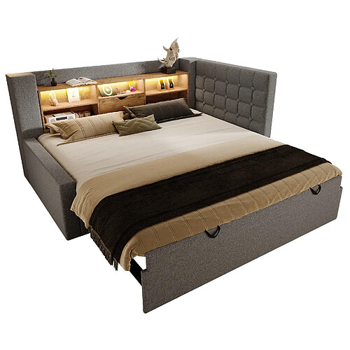 STILVORA Lit rembourré 90/200 cm gris en lin et métal avec lit gigogne LED
