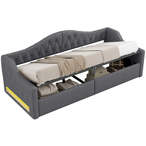 STILVORA Lit de jour 90/200 cm gris en lin avec LED et rangement