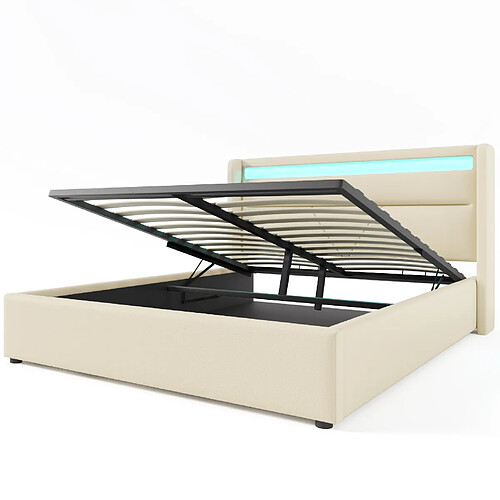 STILVORA Lit coffre 160/200 cm blanc en PU avec LED et matelas inclus