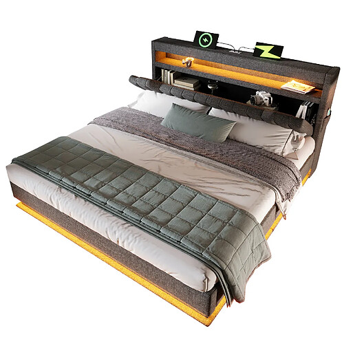 STILVORA Lit double 140/200 cm gris en lin avec LED rangements et matelas