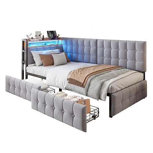 STILVORA Canapé-lit 90/200 cm gris en tissu avec LED USB et 2 tiroirs